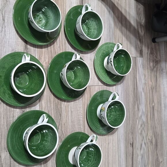 Vintage HTF Maja Mexico Pottery Cup & Saucers Hand Painted Birds - Green Trim - Picture 15 of 17